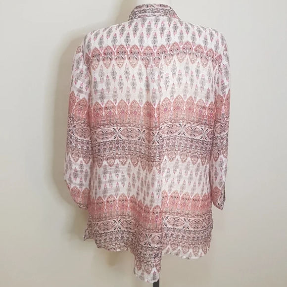 Chico's sheer 3/4 sleeve Mandarin collar Bohemian print vee tie neck top SZ 2X - Picture 4 of 7